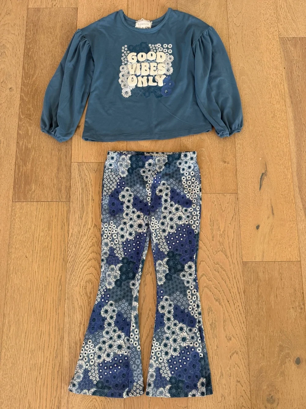 Btween Blue Floral Corduroy Flare Pants & Top Set Good Vibes Only Size 5